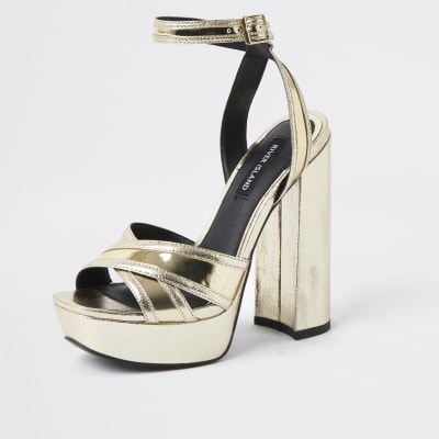 Gold metallic cross strap platform heels