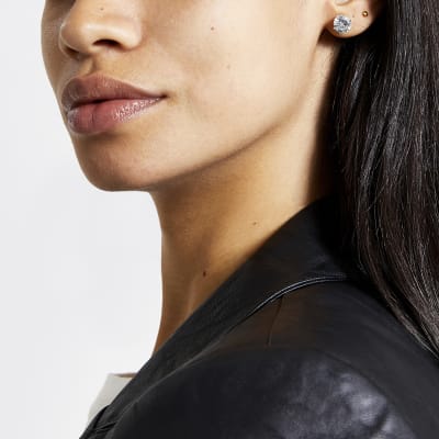 Silver colour diamante crown stud earrings