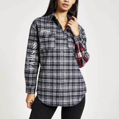 Marineblauw geruit versierd boyfriend overshirt