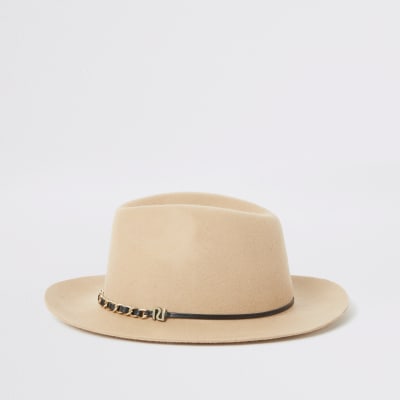 Chapeau fedora beige à galon en chaîne