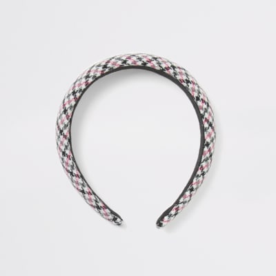 Roze gewatteerde hoofdband met pied-de-poule-motief