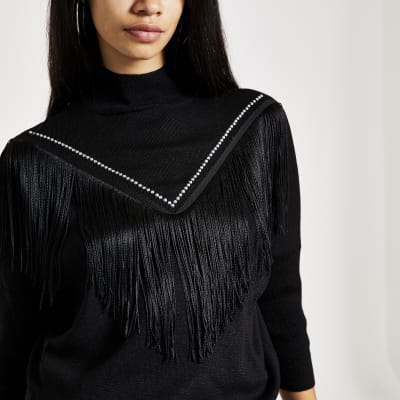 Black knitted tassel fringe jumper