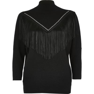 Black knitted tassel fringe jumper