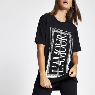 Zwart 'L'amour' T-shirt met diamanté bies