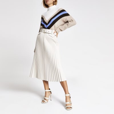 Cremefarbener Midirock aus Kunstleder