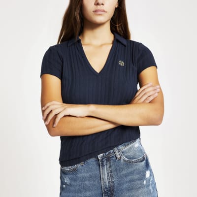 Petite – Marineblaues T-Shirt mit V-Ausschnitt