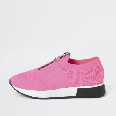 Neon pink zip front knitted runner trainers