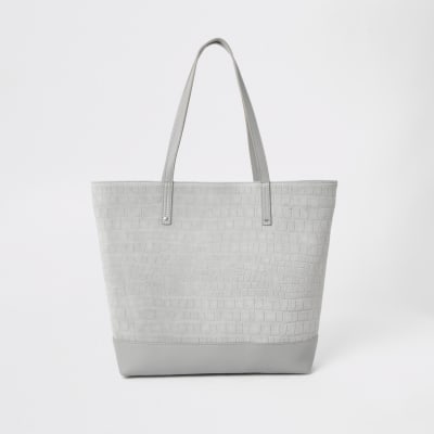 Graue Shopper-Tasche/Tote Bag aus Leder in Kroko-Optik