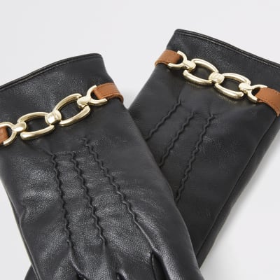 Gants noirs en cuir synthétique doublés à chaînes