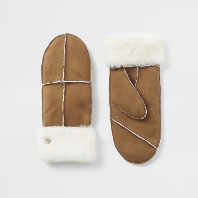 Bruine imitatiesuede wanten met imitatiebont voering