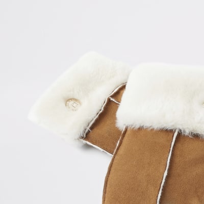 Bruine imitatiesuede wanten met imitatiebont voering