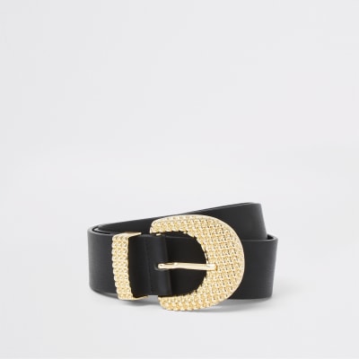 Zwarte jeansriem met textuur en goudkleurige gesp