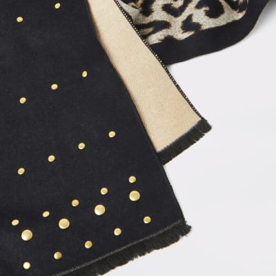 Zwarte sjaal met studs en luipaardprint