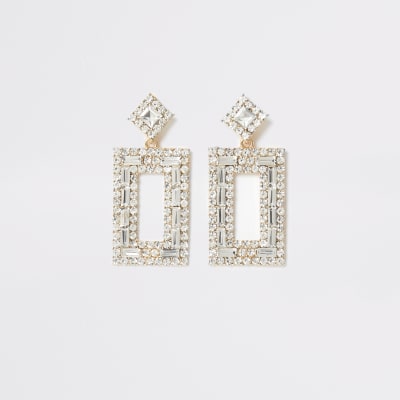 Boucles d'oreilles dorées à pendentifs rectangulaires à strass