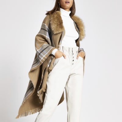 Bruin geruite cape met bontrand