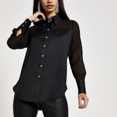 Chemise noire à manches longues transparentes | River Island