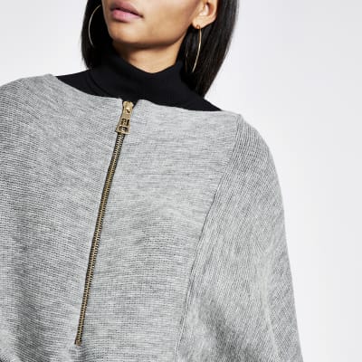 Grey asymmetric zip front knitted cape