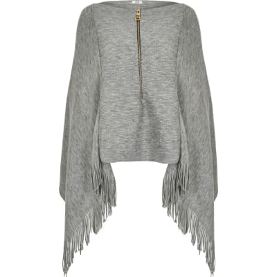 Grey asymmetric zip front knitted cape
