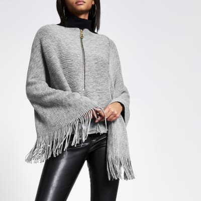 Asymmetrisches Strick-Cape in Grau mit Reißverschluss vorne