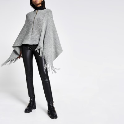 Grey asymmetric zip front knitted cape