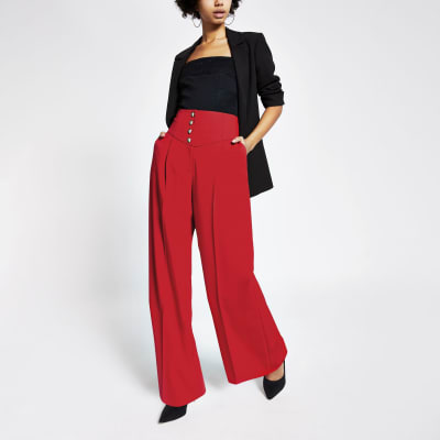 red straight leg trousers