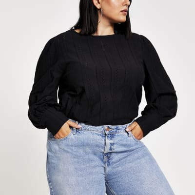 Plus black broiderie puff sleeve top