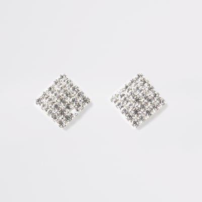 Boucles d'oreilles carrées argentées à strass
