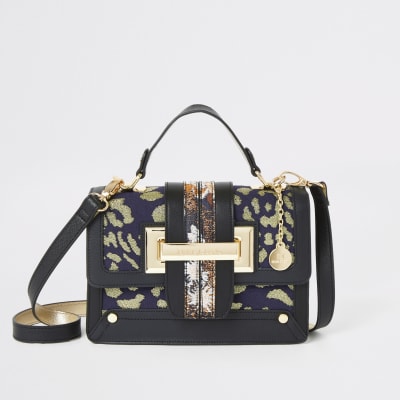 Navy jacquard tote cross body bag