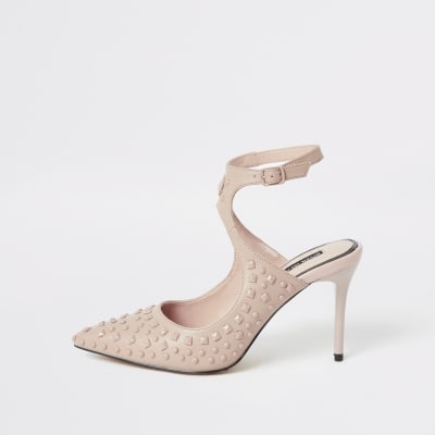 Pink studded cut out pointed court shoe
