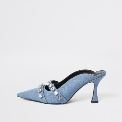 Blue denim embellished flare heel mule sandal