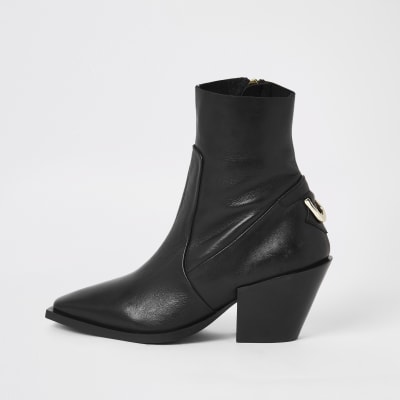 black leather pointed toe ankle boots