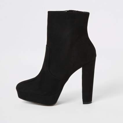 Black faux suede platform heeled boots