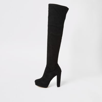 Black high leg wide fit platform heeled boots