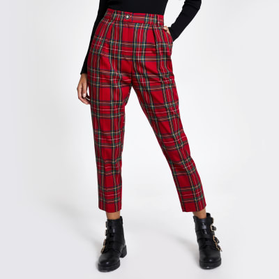 Red tartan check cigarette trousers 