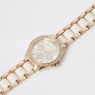 Pink rose gold colour diamante chain watch