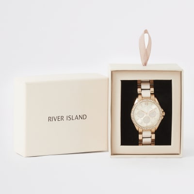 Roze horloge met roségoudkleurig kettingbandje met diamantjes