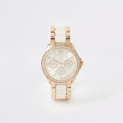 Pink rose gold colour diamante chain watch
