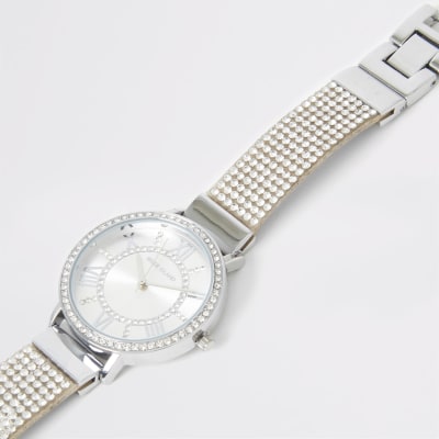 Silver colour diamante paved watch