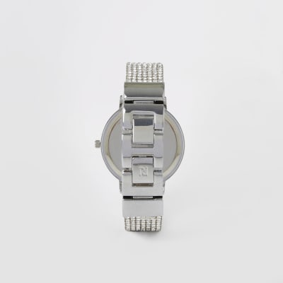 Silver colour diamante paved watch