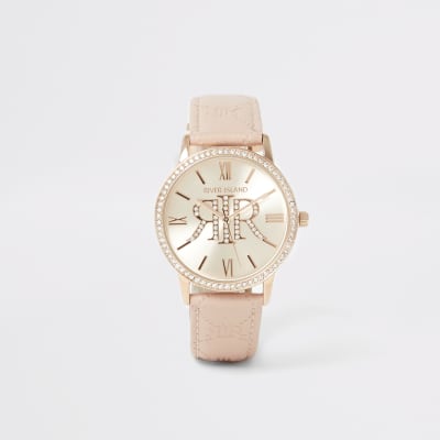 Montre rose à strass avec bracelet estampé RI