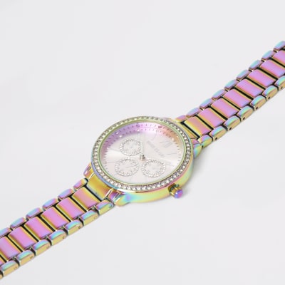 Multikleurig horloge met olievlekken en schakelband met siersteentjes