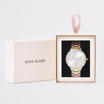 Multikleurig horloge met olievlekken en schakelband met siersteentjes