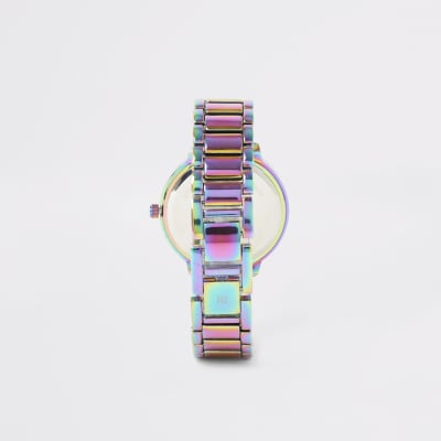 Multicolour oil slick diamante chain watch