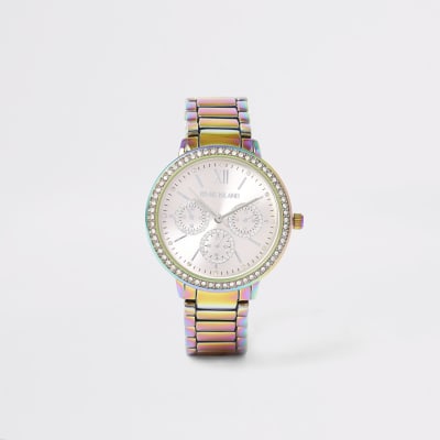 Armbanduhr im mehrfarbigen Öl-Slick-Design mit Strassbesatz