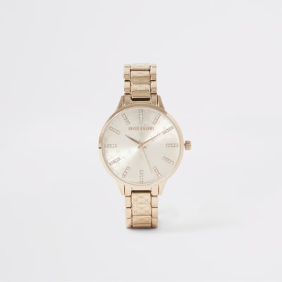 Goudkleurig horloge met bandje met siersteentjes en RI-print