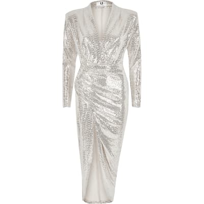 Forever Unique silver sequin wrap midi dress