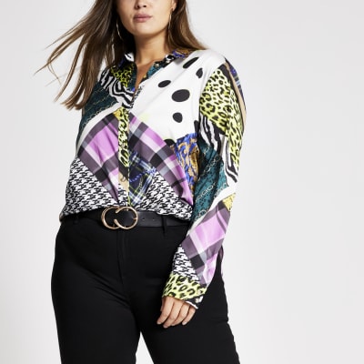 Plus – Schwarzes, bedrucktes Langarmhemd