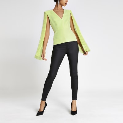 Lime long pleated sheer sleeve top