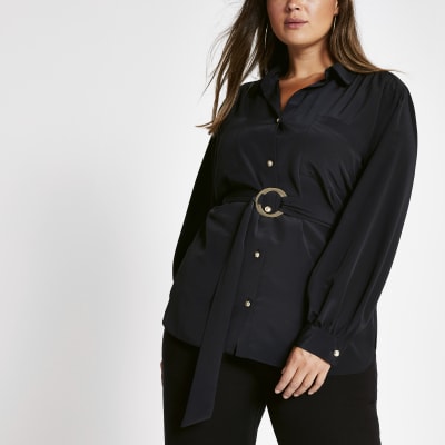 Plus Utility-Hemd mit langen Ärmeln und Gürtel in Schwarz