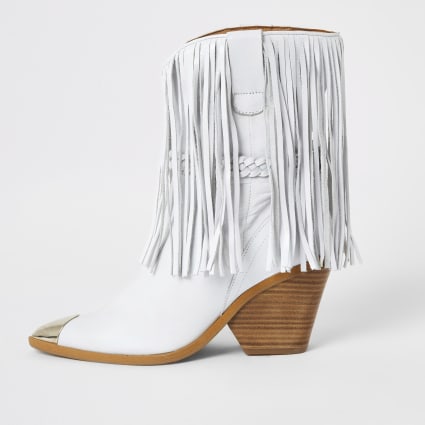 White leather fringe western boots